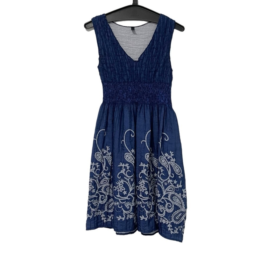 Lapis Navy Blue Medium Babydoll Paisley V Neck Sleeveless Mini Dress Boho Hippie